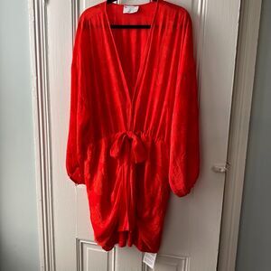 Asos Design Mini Dress Womens 18 Orange Floral Puff Sleeve Deep V Disco Retro